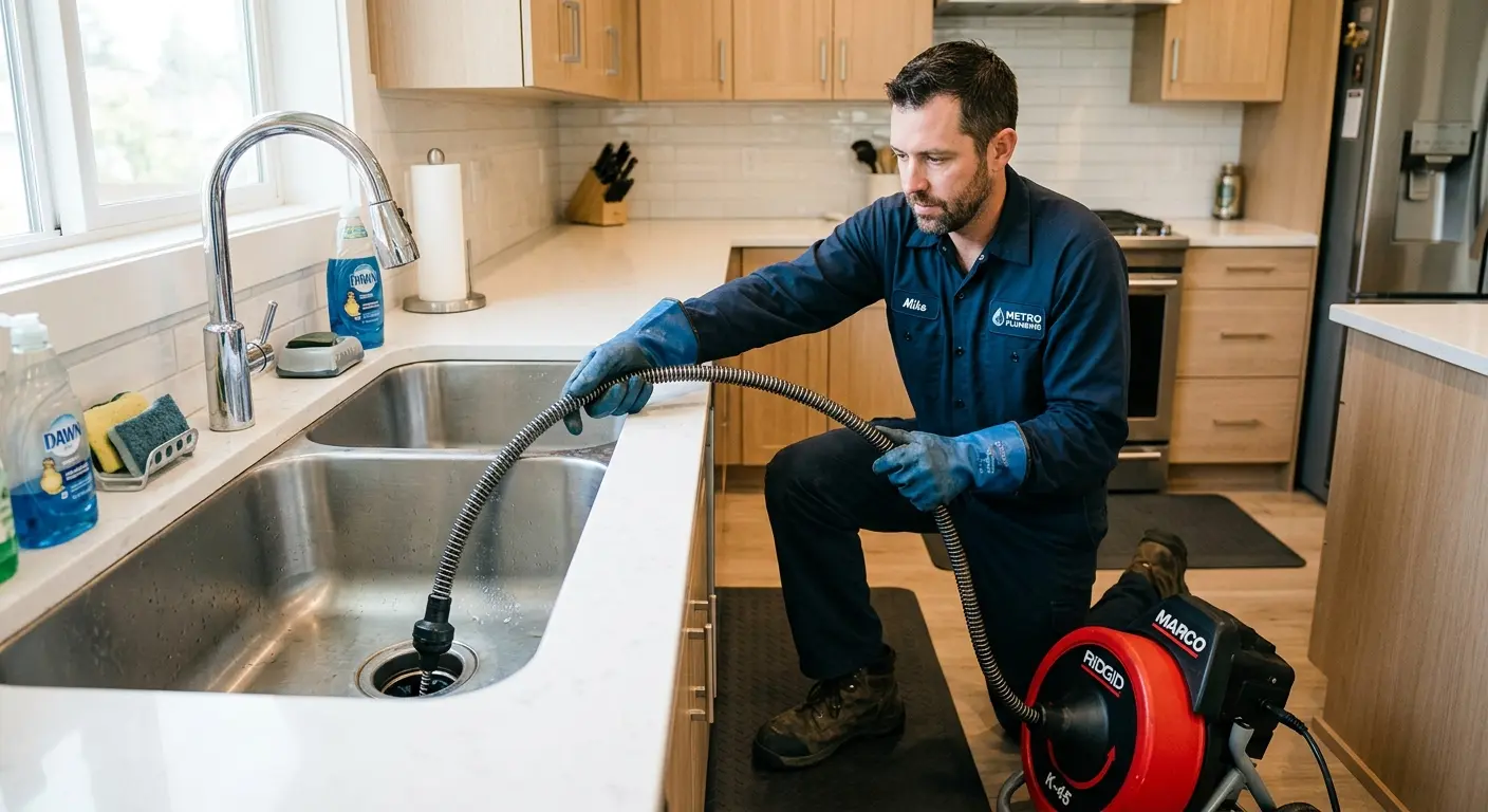 Drain cleaning technician using a motorized snake on a kitchen sink in Wauchula