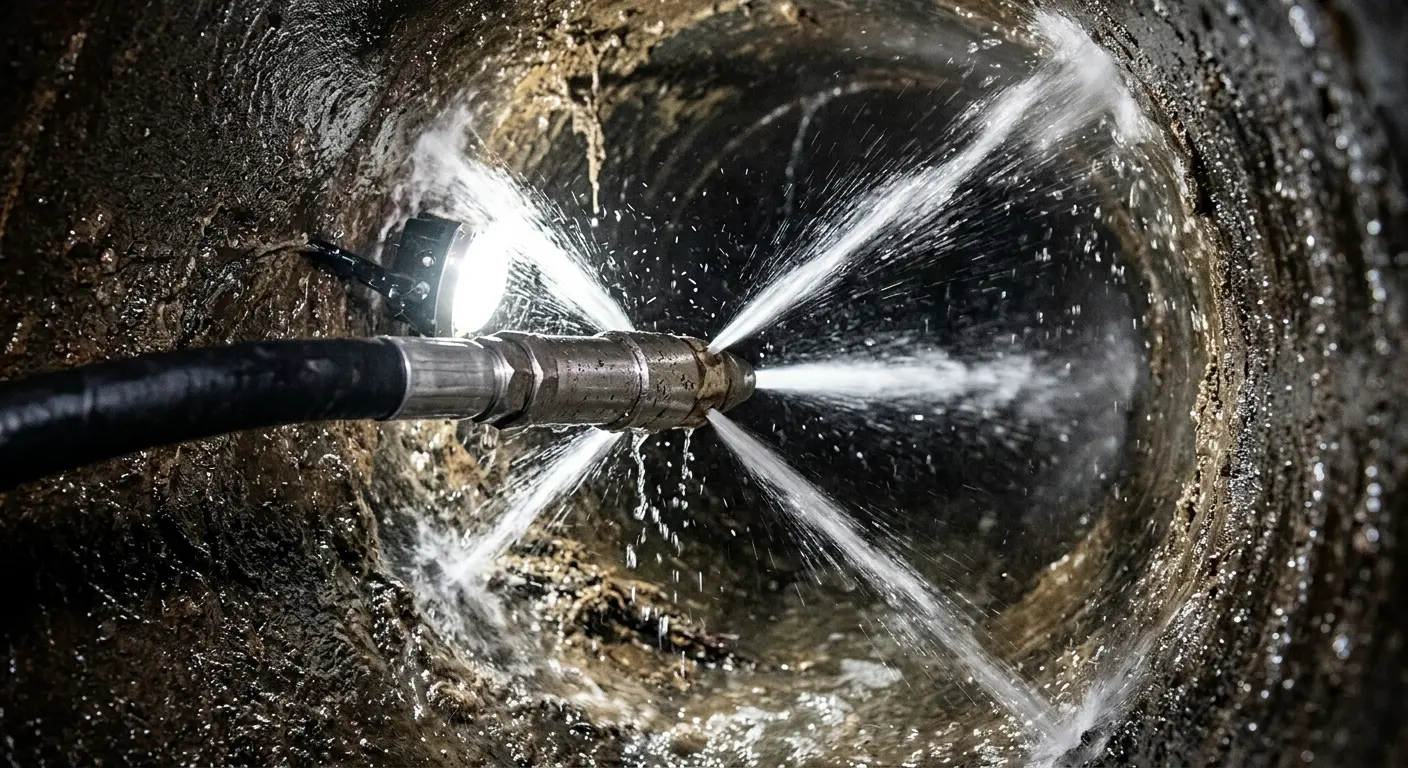 High-pressure hydro jetting nozzle cleaning sewer pipe for Emergency Drain Service in Wauchula