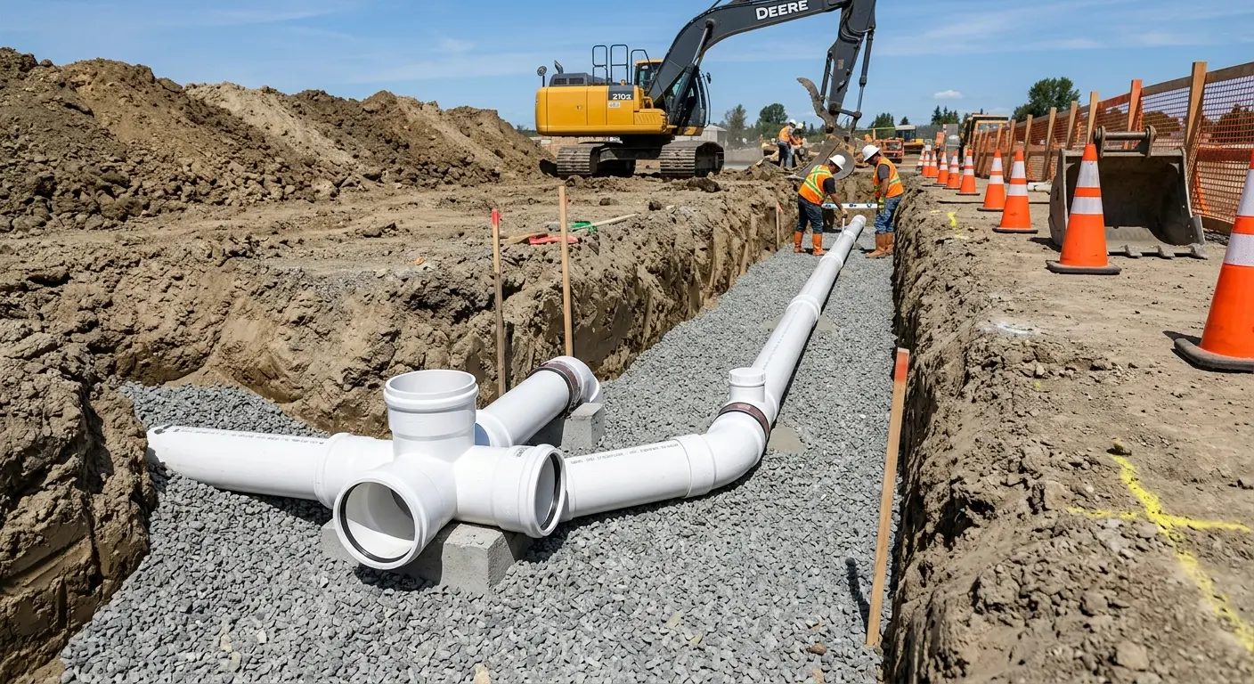 New PVC sewer pipe installation in open trench for Sewer Camera Inspection in Wauchula