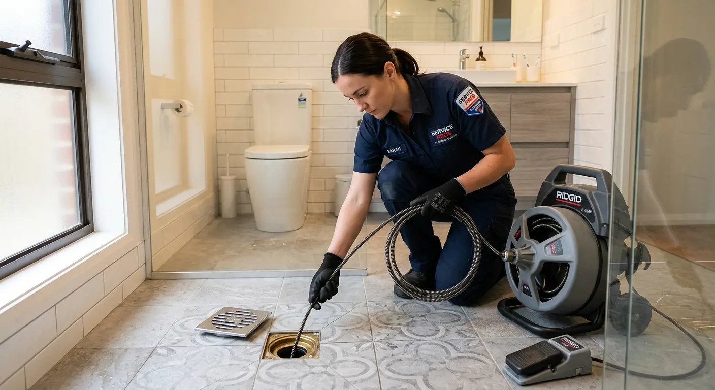 Technician clearing a bathroom floor drain for Sewer Line Installation in Wauchula